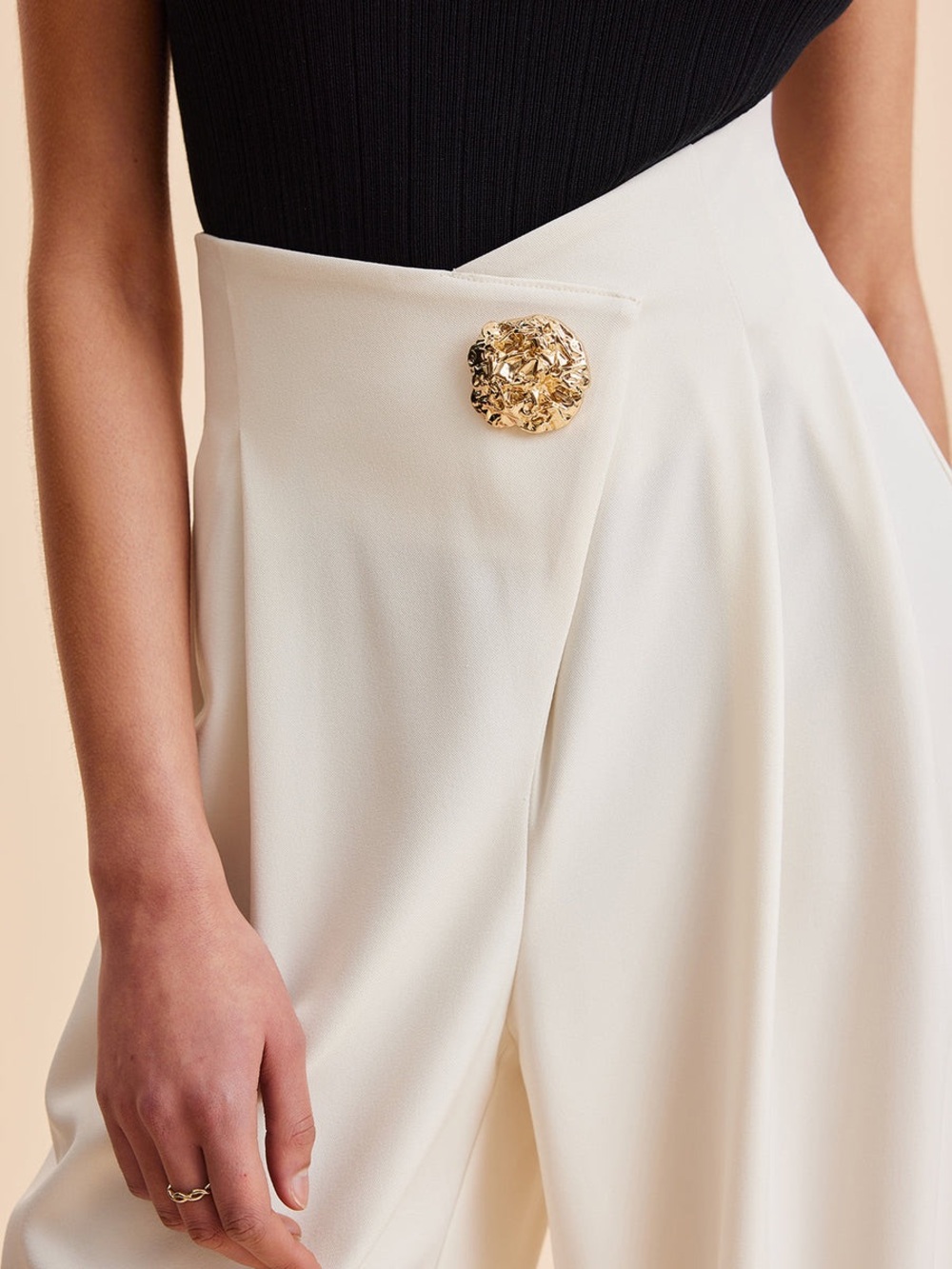 0340 - High-Waist Wide Leg Cream Pants - Picture 2 of 5